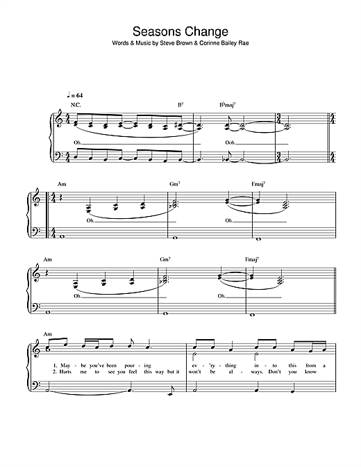 Preview Corinne Bailey Rae Seasons Change R & B sheet music, notes and chords for Easy Piano, SKU: 40392 sheet music, piano notes, chords, guitar tabs, score, transpose, transcribe, how to play, guide, download, learn, tutorial, progression, song, artist, awards, billboard, mtv, vh1, tour, single, album, release