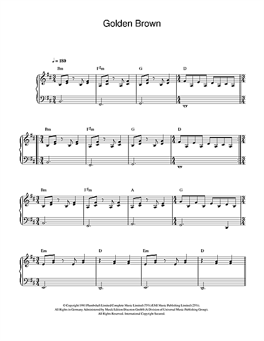 Preview The Stranglers Golden Brown Rock sheet music, notes and chords for Beginner Piano, SKU: 40393 sheet music, piano notes, chords, guitar tabs, score, transpose, transcribe, how to play, guide, download, learn, tutorial, progression, song, artist, awards, billboard, mtv, vh1, tour, single, album, release