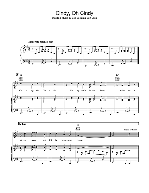 Preview Bob Barron Cindy, Oh Cindy Easy Listening sheet music, notes and chords for Piano, Vocal & Guitar, SKU: 40400 sheet music, piano notes, chords, guitar tabs, score, transpose, transcribe, how to play, guide, download, learn, tutorial, progression, song, artist, awards, billboard, mtv, vh1, tour, single, album, release