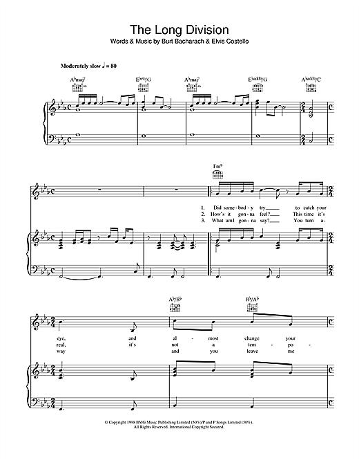 Preview Elvis Costello and Burt Bacharach The Long Division Rock sheet music, notes and chords for Piano, Vocal & Guitar (Right-Hand Melody), SKU: 40404 sheet music, piano notes, chords, guitar tabs, score, transpose, transcribe, how to play, guide, download, learn, tutorial, progression, song, artist, awards, billboard, mtv, vh1, tour, single, album, release