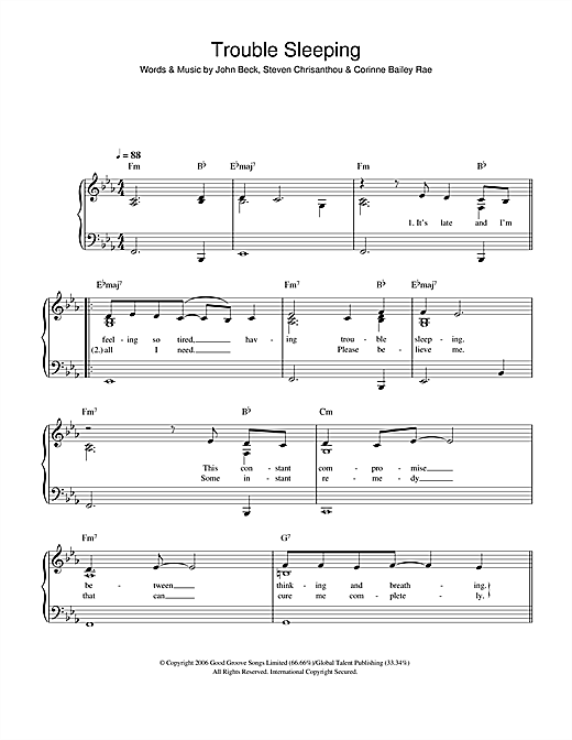 Preview Corinne Bailey Rae Trouble Sleeping R & B sheet music, notes and chords for Easy Piano, SKU: 40405 sheet music, piano notes, chords, guitar tabs, score, transpose, transcribe, how to play, guide, download, learn, tutorial, progression, song, artist, awards, billboard, mtv, vh1, tour, single, album, release