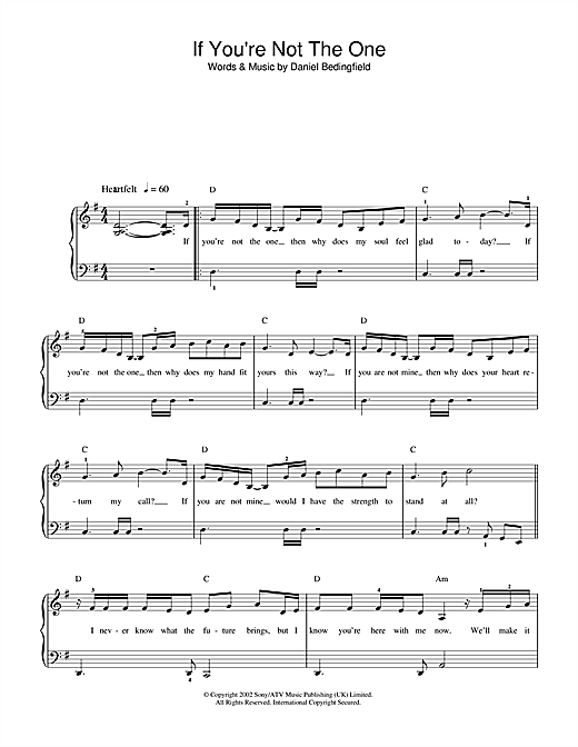 Preview Daniel Bedingfield If You're Not The One Pop sheet music, notes and chords for Beginner Piano, SKU: 40409 sheet music, piano notes, chords, guitar tabs, score, transpose, transcribe, how to play, guide, download, learn, tutorial, progression, song, artist, awards, billboard, mtv, vh1, tour, single, album, release