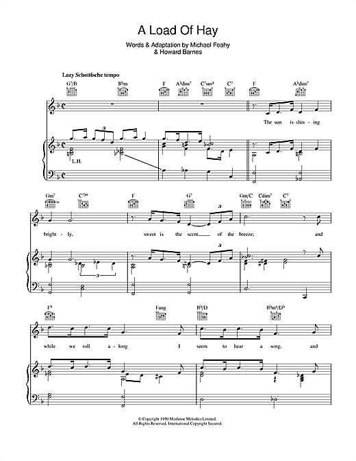 Preview Howard Barnes A Load Of Hay Easy Listening sheet music, notes and chords for Piano, Vocal & Guitar (Right-Hand Melody), SKU: 40415 sheet music, piano notes, chords, guitar tabs, score, transpose, transcribe, how to play, guide, download, learn, tutorial, progression, song, artist, awards, billboard, mtv, vh1, tour, single, album, release