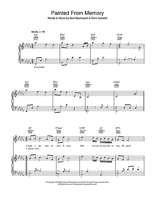 Preview Elvis Costello and Burt Bacharach Painted From Memory Rock sheet music, notes and chords for Piano, Vocal & Guitar (Right-Hand Melody), SKU: 40417 sheet music, piano notes, chords, guitar tabs, score, transpose, transcribe, how to play, guide, download, learn, tutorial, progression, song, artist, awards, billboard, mtv, vh1, tour, single, album, release