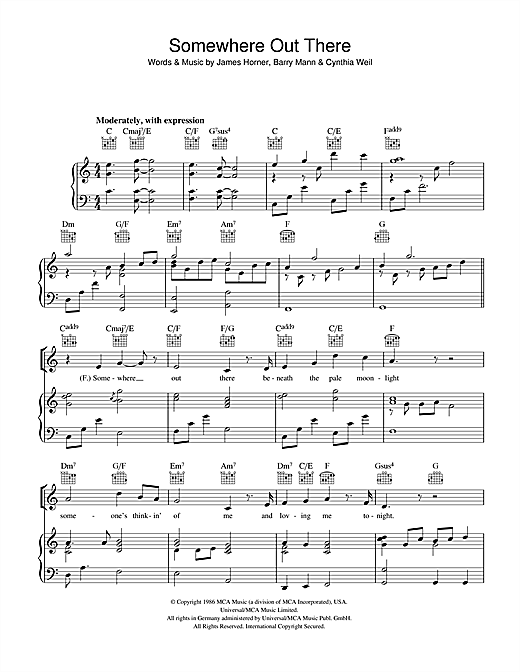 Preview Linda Ronstadt & James Ingram Somewhere Out There (from An American Tail) Pop sheet music, notes and chords for Piano, Vocal & Guitar, SKU: 40420 sheet music, piano notes, chords, guitar tabs, score, transpose, transcribe, how to play, guide, download, learn, tutorial, progression, song, artist, awards, billboard, mtv, vh1, tour, single, album, release