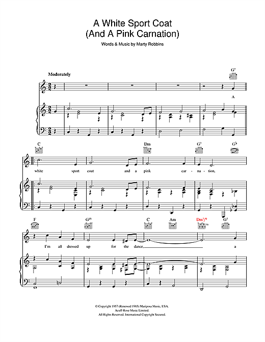 Preview Marty Robbins A White Sport Coat And A Pink Carnation Easy Listening sheet music, notes and chords for Piano, Vocal & Guitar, SKU: 40421 sheet music, piano notes, chords, guitar tabs, score, transpose, transcribe, how to play, guide, download, learn, tutorial, progression, song, artist, awards, billboard, mtv, vh1, tour, single, album, release