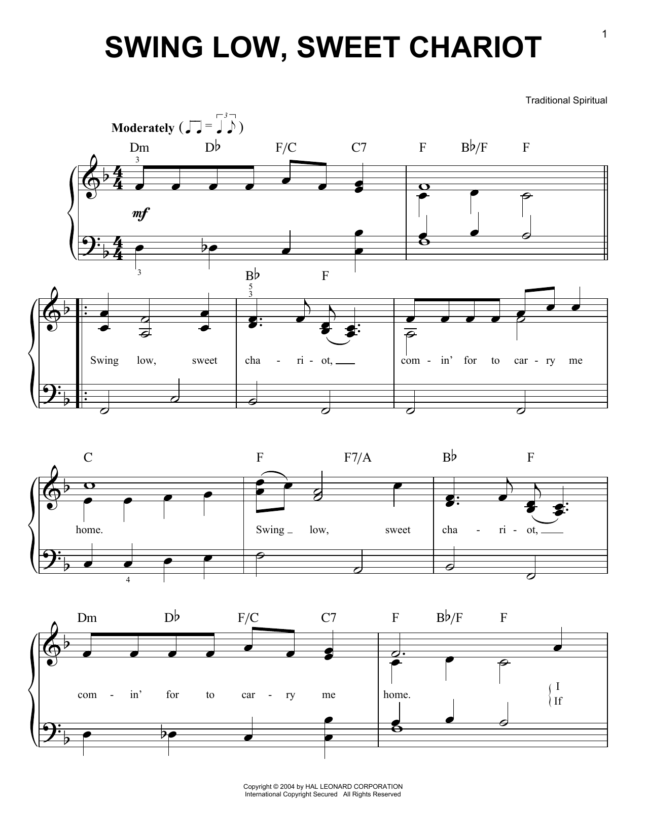 Traditional Spiritual Swing Low Sweet Chariot Sheet Music Notes Chords Download Printable Easy Piano Sku 404229