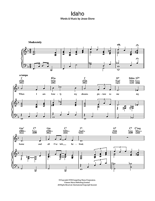 Preview Jesse Stone Idaho Easy Listening sheet music, notes and chords for Piano, Vocal & Guitar, SKU: 40422 sheet music, piano notes, chords, guitar tabs, score, transpose, transcribe, how to play, guide, download, learn, tutorial, progression, song, artist, awards, billboard, mtv, vh1, tour, single, album, release