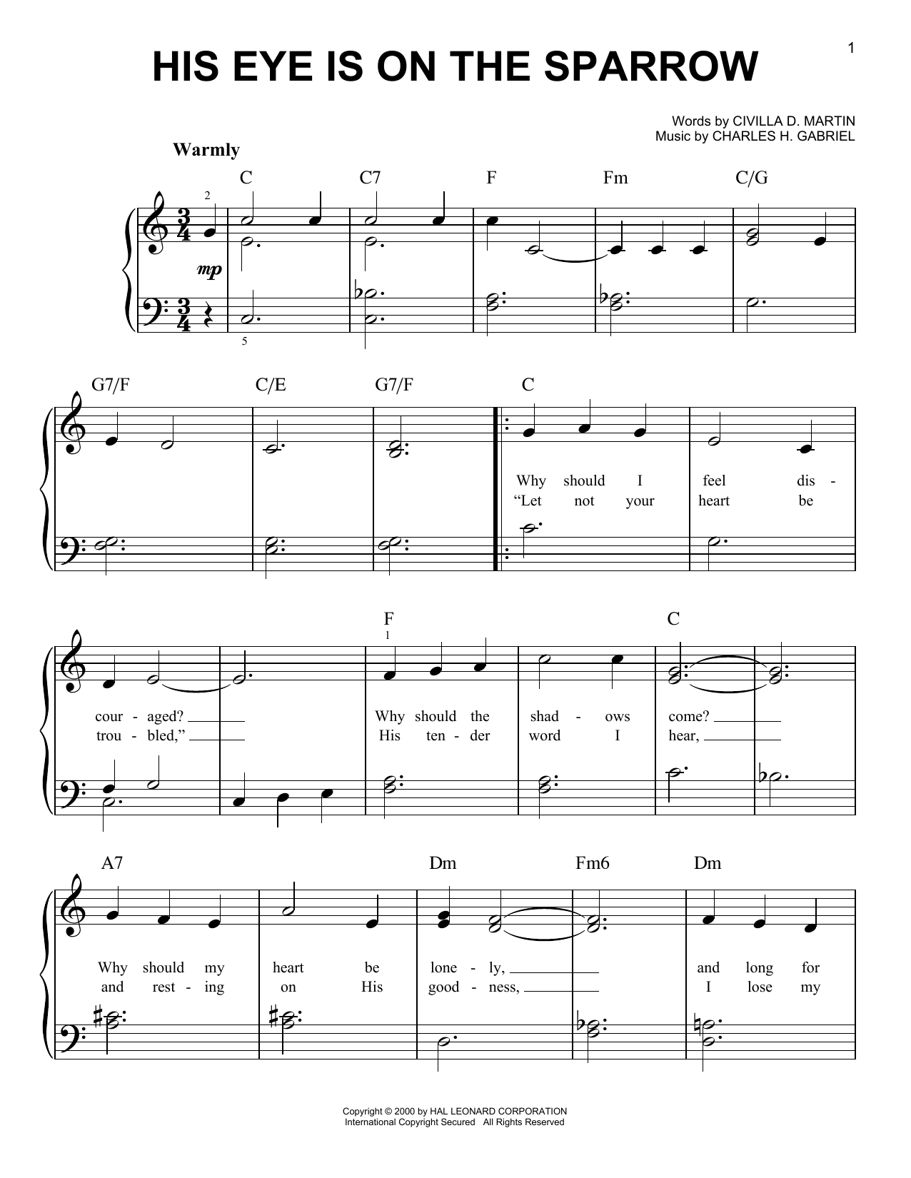 Preview Charles H. Gabriel His Eye Is On The Sparrow Sacred sheet music, notes and chords for Easy Piano, SKU: 404254 sheet music, piano notes, chords, guitar tabs, score, transpose, transcribe, how to play, guide, download, learn, tutorial, progression, song, artist, awards, billboard, mtv, vh1, tour, single, album, release