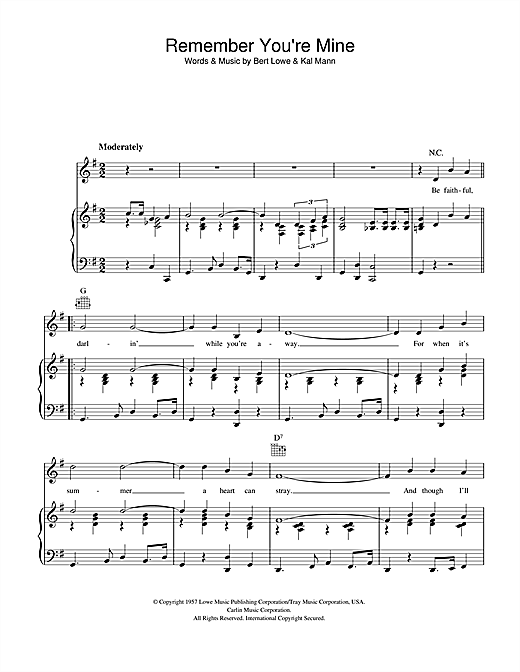 Preview Bert Lowe Remember You're Mine Easy Listening sheet music, notes and chords for Piano, Vocal & Guitar, SKU: 40425 sheet music, piano notes, chords, guitar tabs, score, transpose, transcribe, how to play, guide, download, learn, tutorial, progression, song, artist, awards, billboard, mtv, vh1, tour, single, album, release