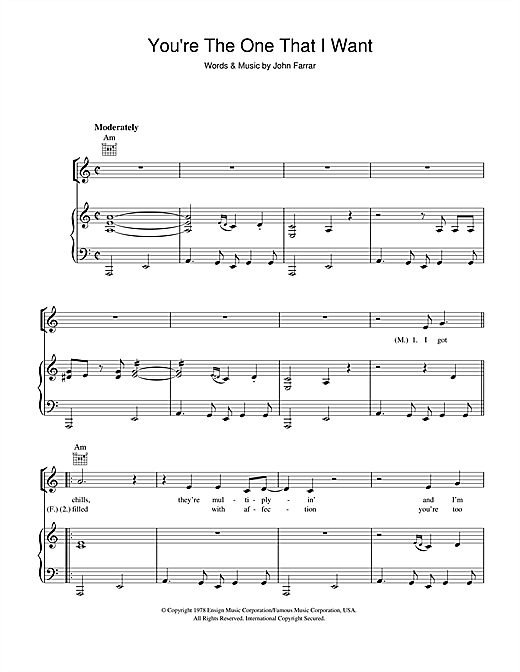 Preview Olivia Newton-John and John Travolta You're The One That I Want (from Grease) Pop sheet music, notes and chords for Piano, Vocal & Guitar, SKU: 40429 sheet music, piano notes, chords, guitar tabs, score, transpose, transcribe, how to play, guide, download, learn, tutorial, progression, song, artist, awards, billboard, mtv, vh1, tour, single, album, release