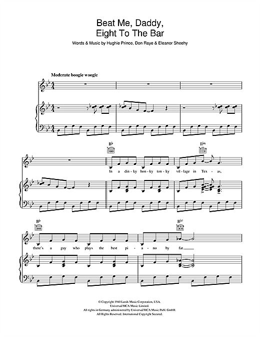 Preview The Andrews Sisters Beat Me Daddy, Eight To The Bar Easy Listening sheet music, notes and chords for Piano, Vocal & Guitar, SKU: 40430 sheet music, piano notes, chords, guitar tabs, score, transpose, transcribe, how to play, guide, download, learn, tutorial, progression, song, artist, awards, billboard, mtv, vh1, tour, single, album, release