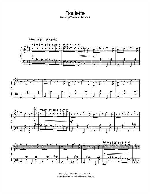 Preview Trevor H. Stanford Roulette Easy Listening sheet music, notes and chords for Piano, SKU: 40434 sheet music, piano notes, chords, guitar tabs, score, transpose, transcribe, how to play, guide, download, learn, tutorial, progression, song, artist, awards, billboard, mtv, vh1, tour, single, album, release