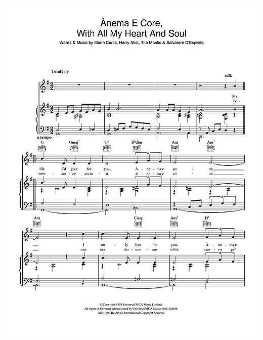 Preview Eddie Fisher Anema E Core (With All My Heart And Soul) Easy Listening sheet music, notes and chords for Piano, Vocal & Guitar, SKU: 40435 sheet music, piano notes, chords, guitar tabs, score, transpose, transcribe, how to play, guide, download, learn, tutorial, progression, song, artist, awards, billboard, mtv, vh1, tour, single, album, release