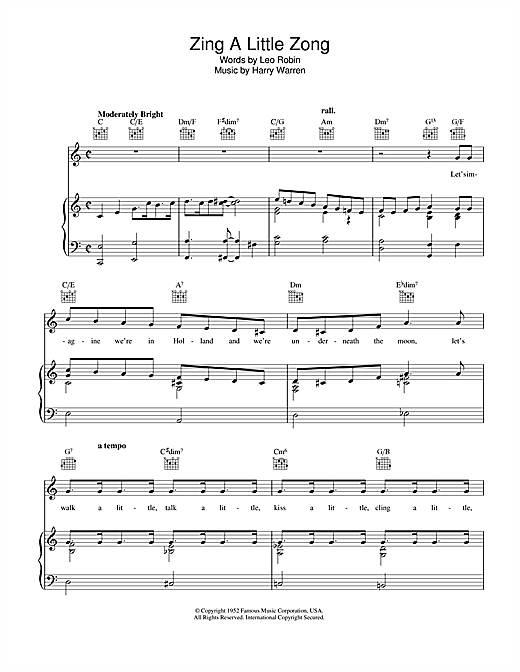 Preview Harry Warren Zing A Little Zong Easy Listening sheet music, notes and chords for Piano, Vocal & Guitar (Right-Hand Melody), SKU: 40437 sheet music, piano notes, chords, guitar tabs, score, transpose, transcribe, how to play, guide, download, learn, tutorial, progression, song, artist, awards, billboard, mtv, vh1, tour, single, album, release
