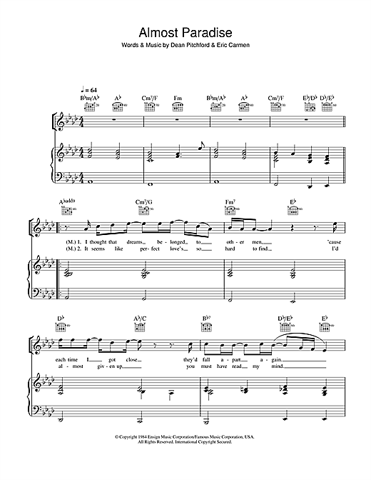Preview Ann Wilson & Mike Reno Almost Paradise (from Footloose) Pop sheet music, notes and chords for Piano, Vocal & Guitar, SKU: 40438 sheet music, piano notes, chords, guitar tabs, score, transpose, transcribe, how to play, guide, download, learn, tutorial, progression, song, artist, awards, billboard, mtv, vh1, tour, single, album, release
