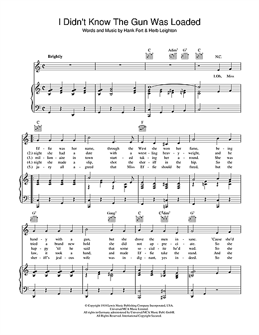 Preview The Andrews Sisters I Didn't Know The Gun Was Loaded Easy Listening sheet music, notes and chords for Piano, Vocal & Guitar (Right-Hand Melody), SKU: 40441 sheet music, piano notes, chords, guitar tabs, score, transpose, transcribe, how to play, guide, download, learn, tutorial, progression, song, artist, awards, billboard, mtv, vh1, tour, single, album, release
