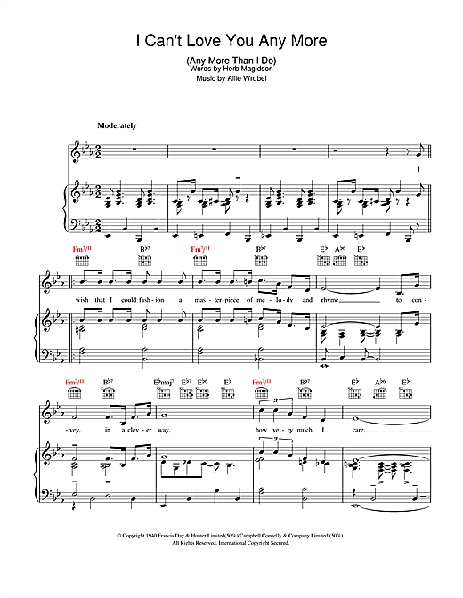 Preview Allie Wrubel I Can't Love You Any More (Any More Than I Do) Easy Listening sheet music, notes and chords for Piano, Vocal & Guitar, SKU: 40442 sheet music, piano notes, chords, guitar tabs, score, transpose, transcribe, how to play, guide, download, learn, tutorial, progression, song, artist, awards, billboard, mtv, vh1, tour, single, album, release