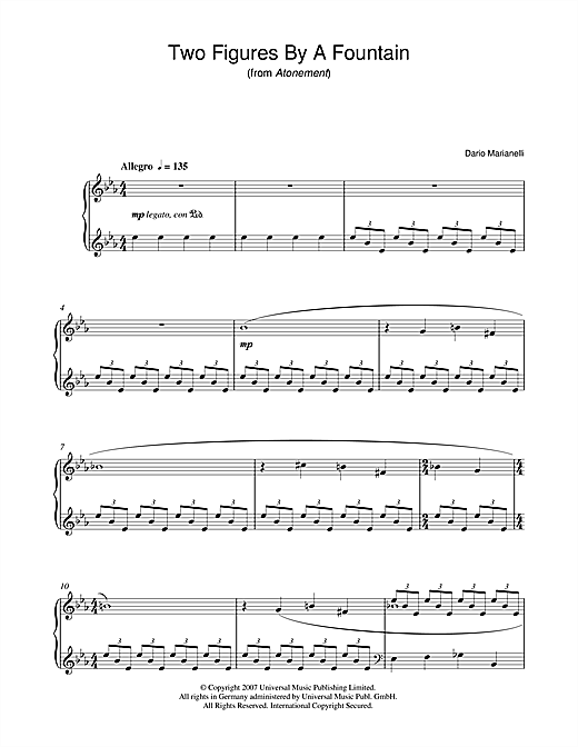 Preview Dario Marianelli Two Figures By A Fountain (from Atonement) Film and TV sheet music, notes and chords for Piano, SKU: 40453 sheet music, piano notes, chords, guitar tabs, score, transpose, transcribe, how to play, guide, download, learn, tutorial, progression, song, artist, awards, billboard, mtv, vh1, tour, single, album, release
