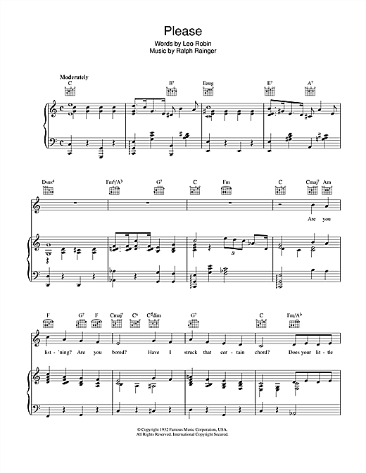 Preview Leo Robin Please Easy Listening sheet music, notes and chords for Piano, Vocal & Guitar (Right-Hand Melody), SKU: 40474 sheet music, piano notes, chords, guitar tabs, score, transpose, transcribe, how to play, guide, download, learn, tutorial, progression, song, artist, awards, billboard, mtv, vh1, tour, single, album, release