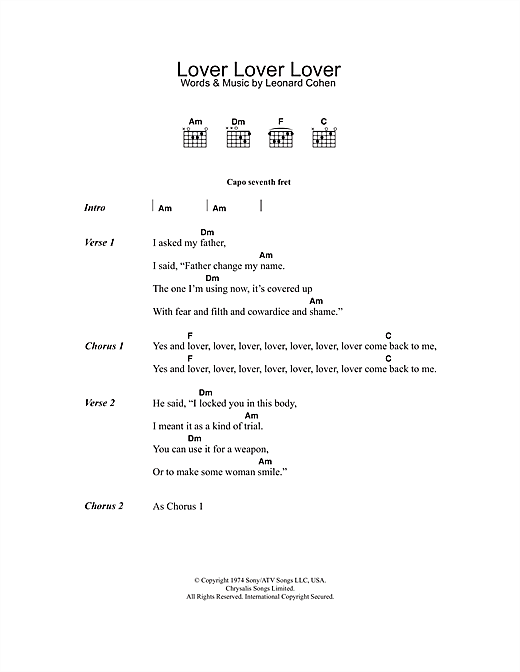 Preview Leonard Cohen Lover Lover Lover Rock sheet music, notes and chords for Lyrics & Chords, SKU: 40477 sheet music, piano notes, chords, guitar tabs, score, transpose, transcribe, how to play, guide, download, learn, tutorial, progression, song, artist, awards, billboard, mtv, vh1, tour, single, album, release