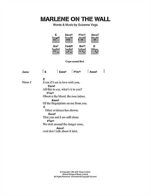 Preview Suzanne Vega Marlene On The Wall Pop sheet music, notes and chords for Lyrics & Chords, SKU: 40480 sheet music, piano notes, chords, guitar tabs, score, transpose, transcribe, how to play, guide, download, learn, tutorial, progression, song, artist, awards, billboard, mtv, vh1, tour, single, album, release