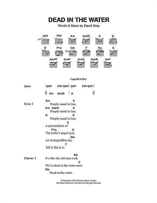 Preview David Gray Dead In The Water Rock sheet music, notes and chords for Lyrics & Chords, SKU: 40486 sheet music, piano notes, chords, guitar tabs, score, transpose, transcribe, how to play, guide, download, learn, tutorial, progression, song, artist, awards, billboard, mtv, vh1, tour, single, album, release