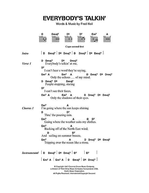 Preview The Beautiful South Everybody's Talkin' Pop sheet music, notes and chords for Lyrics & Chords, SKU: 40487 sheet music, piano notes, chords, guitar tabs, score, transpose, transcribe, how to play, guide, download, learn, tutorial, progression, song, artist, awards, billboard, mtv, vh1, tour, single, album, release