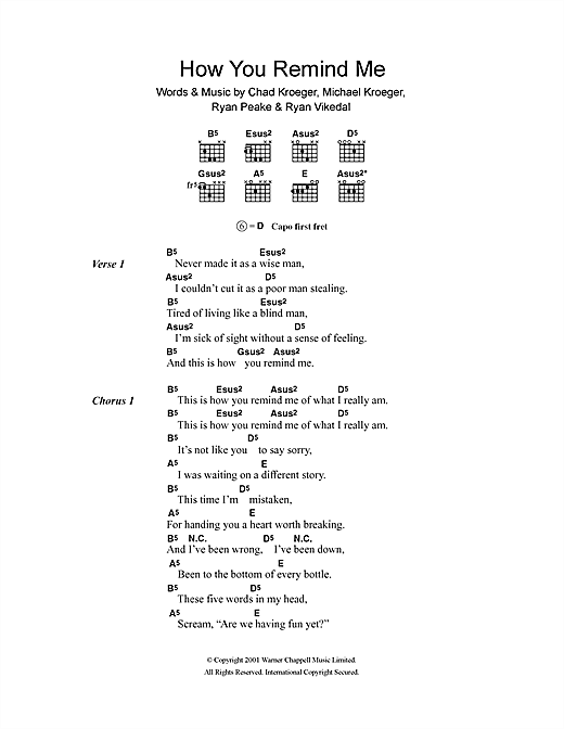 Preview Nickelback How You Remind Me Rock sheet music, notes and chords for Lyrics & Chords, SKU: 40489 sheet music, piano notes, chords, guitar tabs, score, transpose, transcribe, how to play, guide, download, learn, tutorial, progression, song, artist, awards, billboard, mtv, vh1, tour, single, album, release