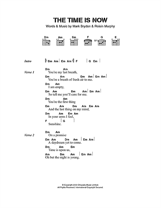 Preview Moloko The Time Is Now Pop sheet music, notes and chords for Lyrics & Chords, SKU: 40498 sheet music, piano notes, chords, guitar tabs, score, transpose, transcribe, how to play, guide, download, learn, tutorial, progression, song, artist, awards, billboard, mtv, vh1, tour, single, album, release