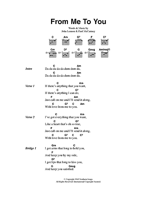 Preview The Beatles From Me To You Pop sheet music, notes and chords for Lyrics & Chords, SKU: 40506 sheet music, piano notes, chords, guitar tabs, score, transpose, transcribe, how to play, guide, download, learn, tutorial, progression, song, artist, awards, billboard, mtv, vh1, tour, single, album, release