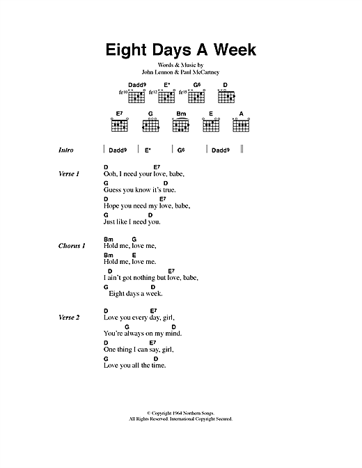 Preview The Beatles Eight Days A Week Pop sheet music, notes and chords for Lyrics & Chords, SKU: 40508 sheet music, piano notes, chords, guitar tabs, score, transpose, transcribe, how to play, guide, download, learn, tutorial, progression, song, artist, awards, billboard, mtv, vh1, tour, single, album, release
