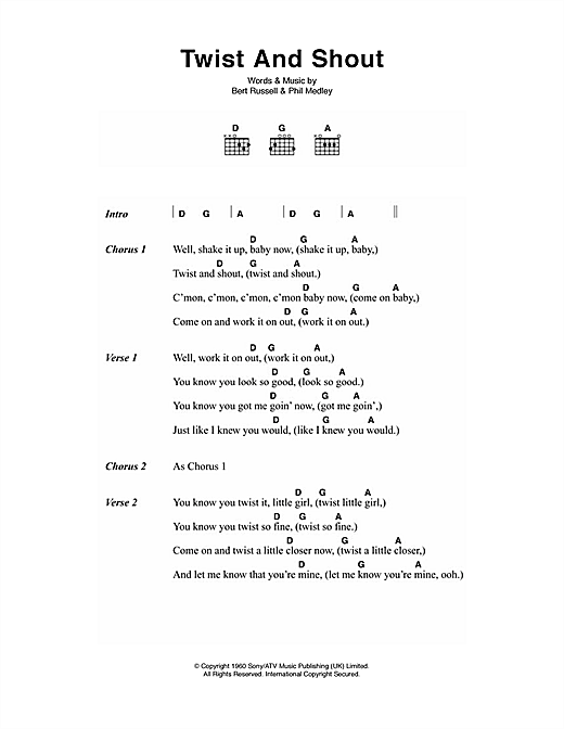 Preview The Beatles Twist And Shout Pop sheet music, notes and chords for Lyrics & Chords, SKU: 40520 sheet music, piano notes, chords, guitar tabs, score, transpose, transcribe, how to play, guide, download, learn, tutorial, progression, song, artist, awards, billboard, mtv, vh1, tour, single, album, release