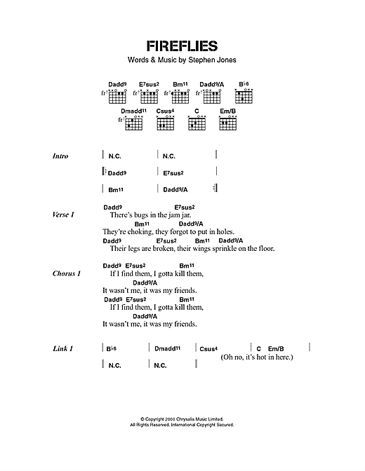 Preview Babybird Fireflies Pop sheet music, notes and chords for Lyrics & Chords, SKU: 40521 sheet music, piano notes, chords, guitar tabs, score, transpose, transcribe, how to play, guide, download, learn, tutorial, progression, song, artist, awards, billboard, mtv, vh1, tour, single, album, release
