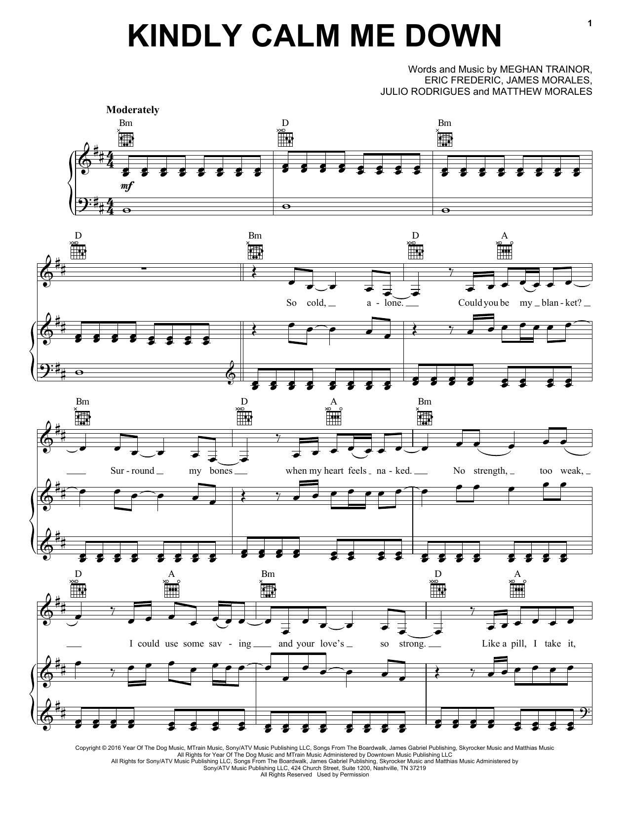 Preview Meghan Trainor Kindly Calm Me Down Pop sheet music, notes and chords for Piano, Vocal & Guitar (Right-Hand Melody), SKU: 405225 sheet music, piano notes, chords, guitar tabs, score, transpose, transcribe, how to play, guide, download, learn, tutorial, progression, song, artist, awards, billboard, mtv, vh1, tour, single, album, release