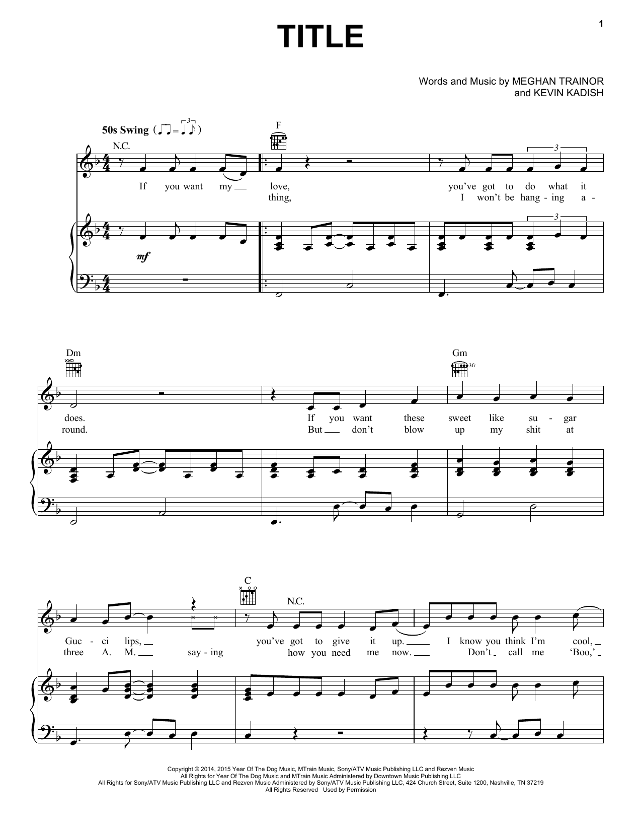 Preview Meghan Trainor Title Pop sheet music, notes and chords for Piano, Vocal & Guitar (Right-Hand Melody), SKU: 405237 sheet music, piano notes, chords, guitar tabs, score, transpose, transcribe, how to play, guide, download, learn, tutorial, progression, song, artist, awards, billboard, mtv, vh1, tour, single, album, release