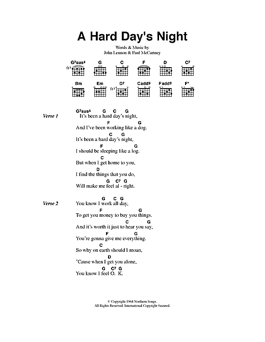 Preview The Beatles A Hard Day's Night Pop sheet music, notes and chords for Lyrics & Chords, SKU: 40524 sheet music, piano notes, chords, guitar tabs, score, transpose, transcribe, how to play, guide, download, learn, tutorial, progression, song, artist, awards, billboard, mtv, vh1, tour, single, album, release