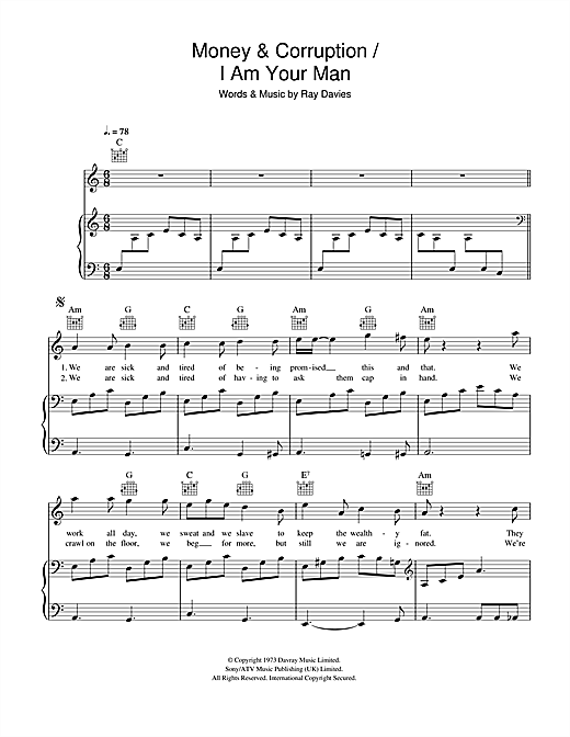 Preview The Kinks Money & Corruption / I Am Your Man Rock sheet music, notes and chords for Piano, Vocal & Guitar, SKU: 40527 sheet music, piano notes, chords, guitar tabs, score, transpose, transcribe, how to play, guide, download, learn, tutorial, progression, song, artist, awards, billboard, mtv, vh1, tour, single, album, release