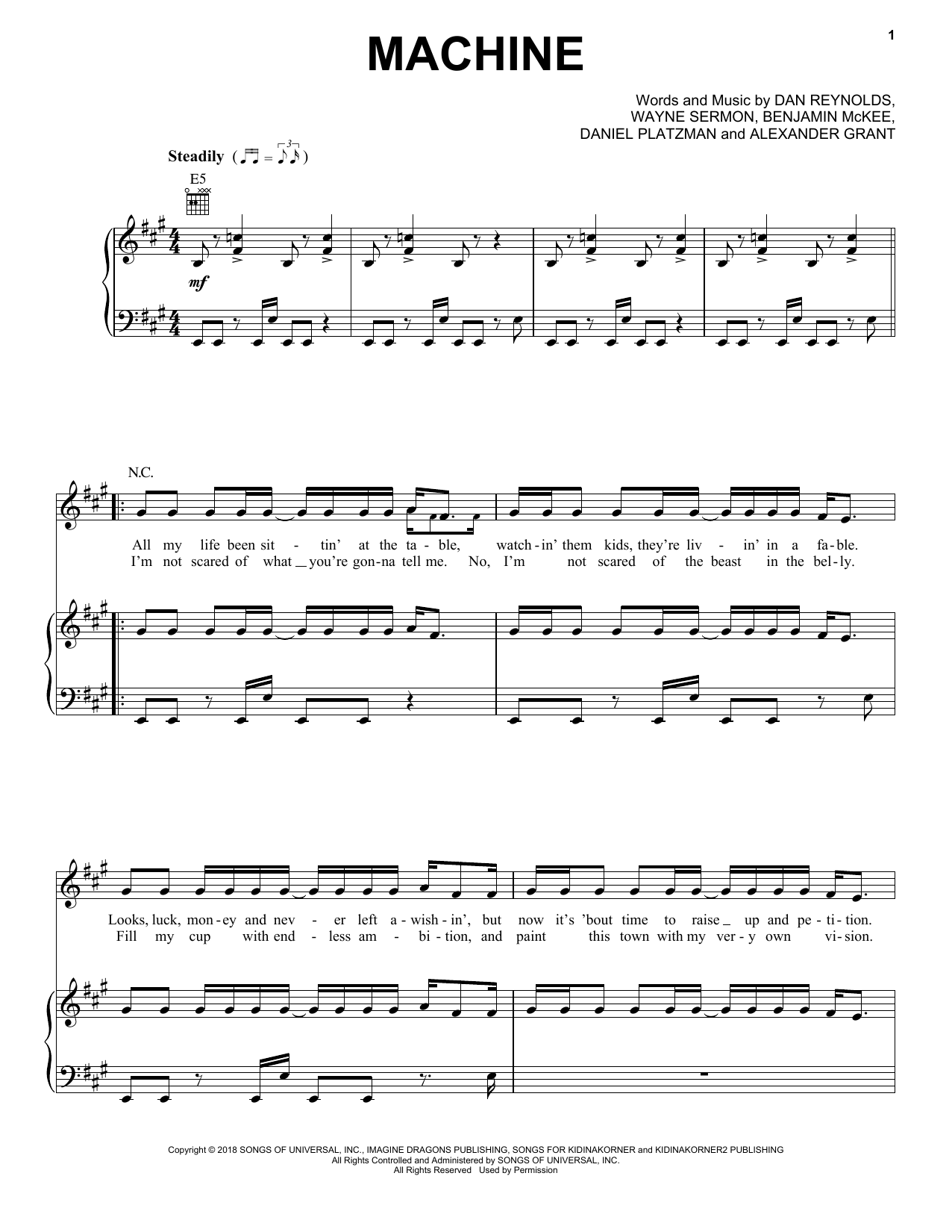 Preview Imagine Dragons Machine Pop sheet music, notes and chords for Piano, Vocal & Guitar (Right-Hand Melody), SKU: 405295 sheet music, piano notes, chords, guitar tabs, score, transpose, transcribe, how to play, guide, download, learn, tutorial, progression, song, artist, awards, billboard, mtv, vh1, tour, single, album, release
