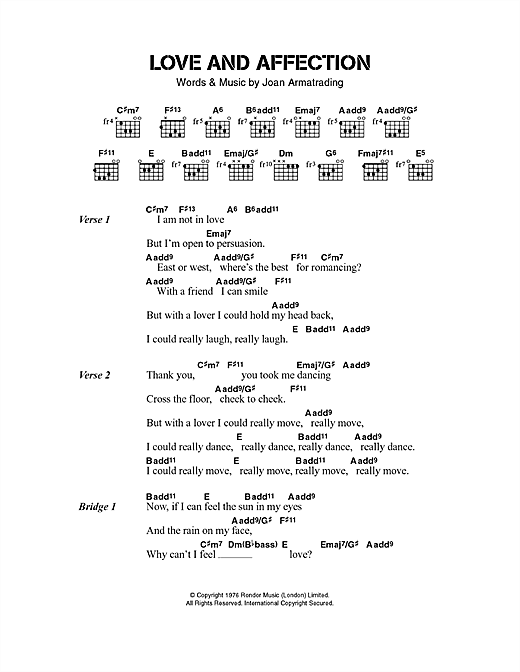 Preview Joan Armatrading Love And Affection Pop sheet music, notes and chords for Lyrics & Chords, SKU: 40532 sheet music, piano notes, chords, guitar tabs, score, transpose, transcribe, how to play, guide, download, learn, tutorial, progression, song, artist, awards, billboard, mtv, vh1, tour, single, album, release