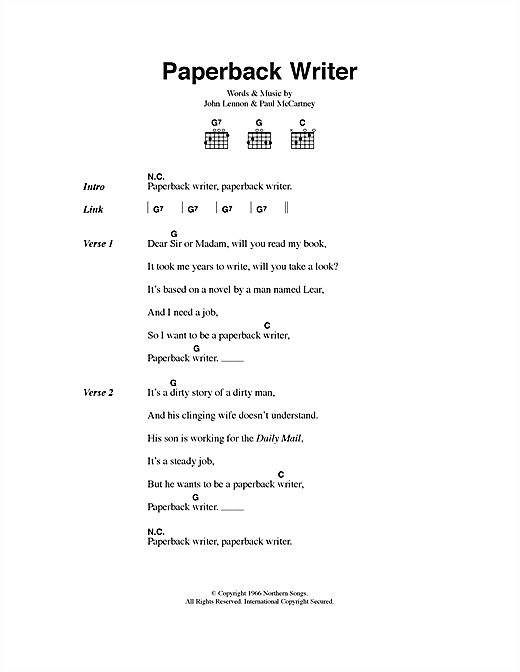 Preview The Beatles Paperback Writer Pop sheet music, notes and chords for Lyrics & Chords, SKU: 40534 sheet music, piano notes, chords, guitar tabs, score, transpose, transcribe, how to play, guide, download, learn, tutorial, progression, song, artist, awards, billboard, mtv, vh1, tour, single, album, release