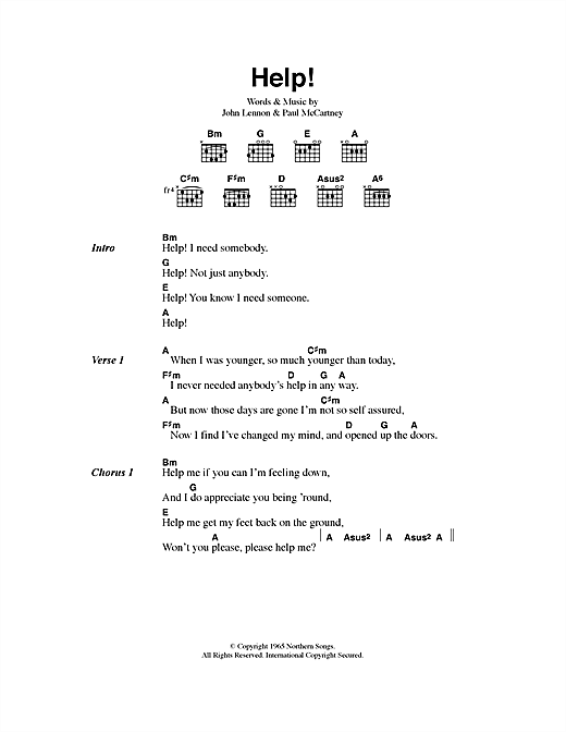 Preview The Beatles Help! Pop sheet music, notes and chords for Lyrics & Chords, SKU: 40535 sheet music, piano notes, chords, guitar tabs, score, transpose, transcribe, how to play, guide, download, learn, tutorial, progression, song, artist, awards, billboard, mtv, vh1, tour, single, album, release