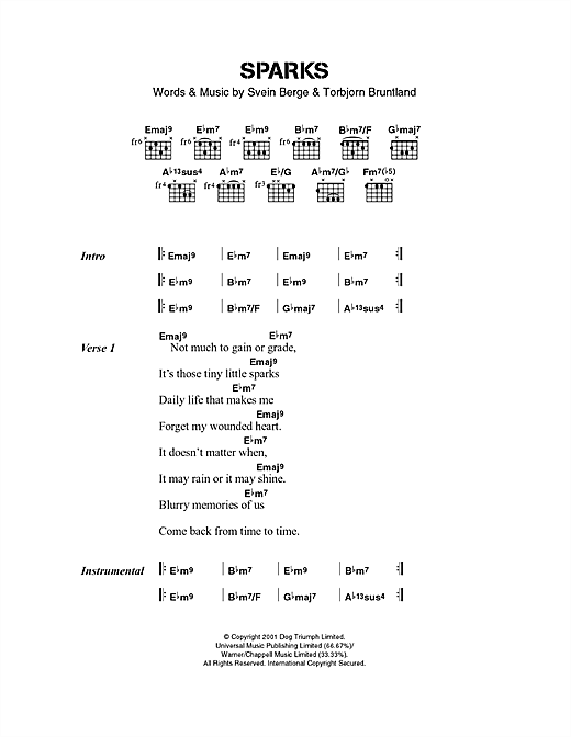 Preview Royksopp Sparks Pop sheet music, notes and chords for Lyrics & Chords, SKU: 40537 sheet music, piano notes, chords, guitar tabs, score, transpose, transcribe, how to play, guide, download, learn, tutorial, progression, song, artist, awards, billboard, mtv, vh1, tour, single, album, release