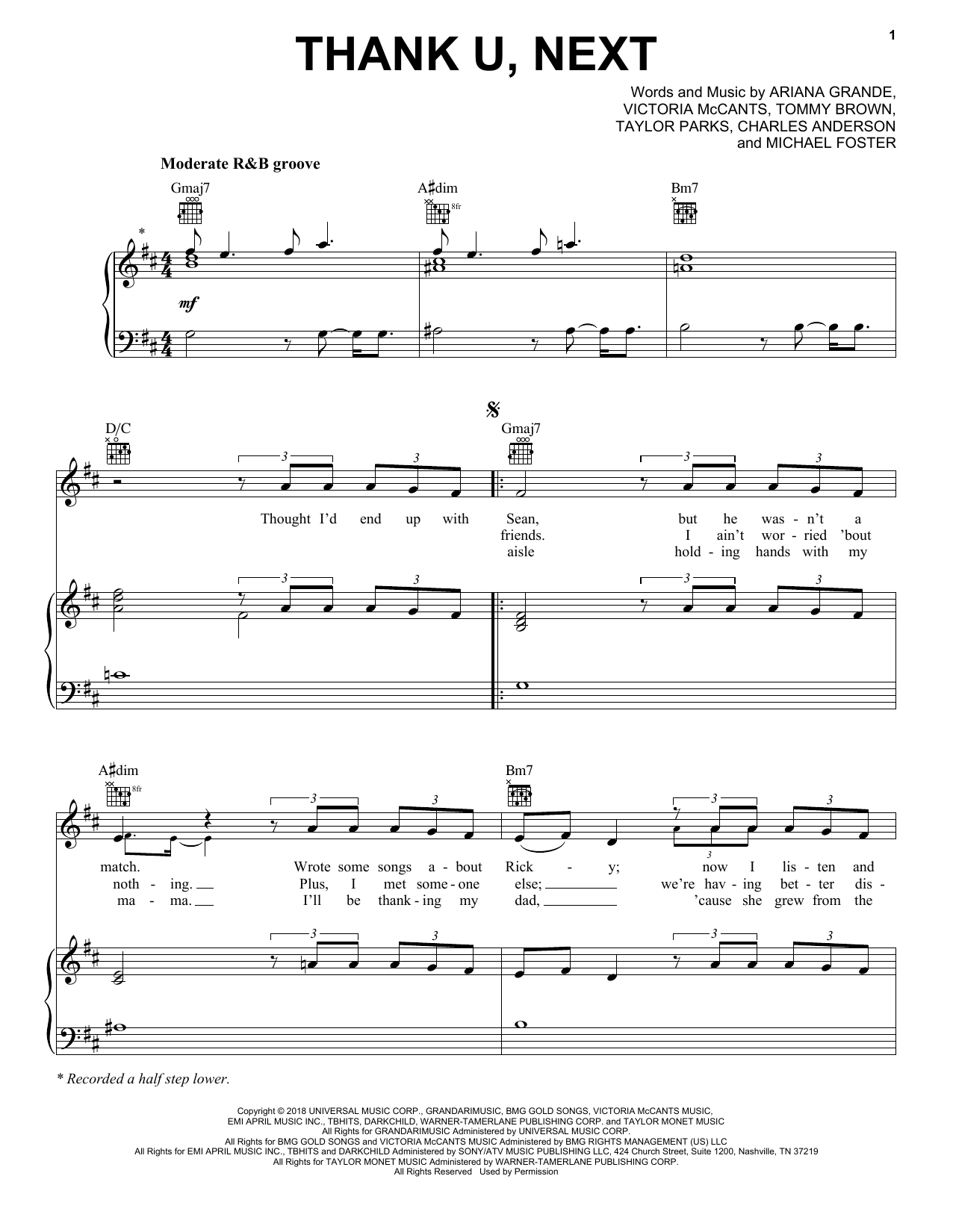 Preview Ariana Grande Thank U, Next Pop sheet music, notes and chords for Piano, Vocal & Guitar (Right-Hand Melody), SKU: 405381 sheet music, piano notes, chords, guitar tabs, score, transpose, transcribe, how to play, guide, download, learn, tutorial, progression, song, artist, awards, billboard, mtv, vh1, tour, single, album, release