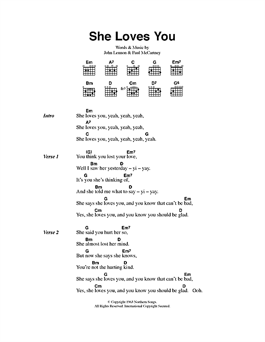 Preview The Beatles She Loves You Pop sheet music, notes and chords for Lyrics & Chords, SKU: 40539 sheet music, piano notes, chords, guitar tabs, score, transpose, transcribe, how to play, guide, download, learn, tutorial, progression, song, artist, awards, billboard, mtv, vh1, tour, single, album, release
