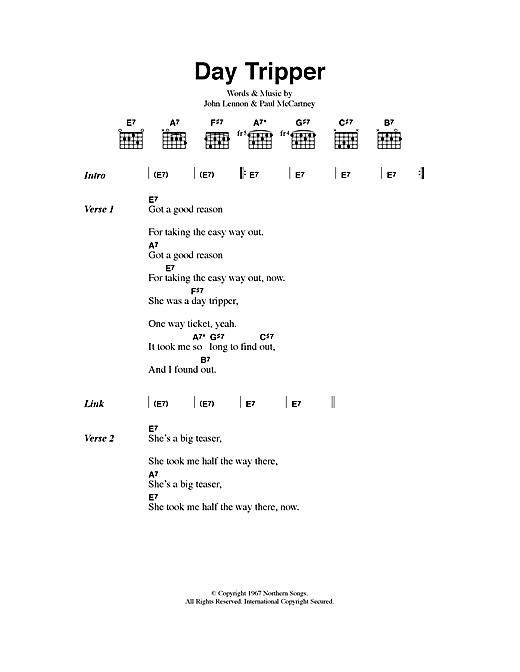 Preview The Beatles Day Tripper Pop sheet music, notes and chords for Lyrics & Chords, SKU: 40540 sheet music, piano notes, chords, guitar tabs, score, transpose, transcribe, how to play, guide, download, learn, tutorial, progression, song, artist, awards, billboard, mtv, vh1, tour, single, album, release