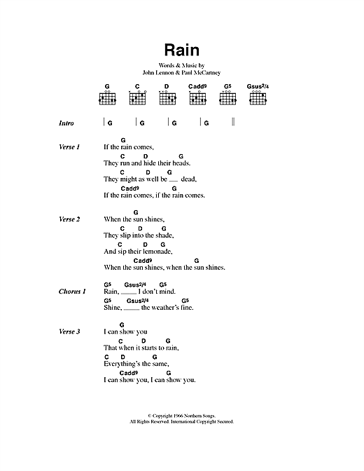 Preview The Beatles Rain Pop sheet music, notes and chords for Lyrics & Chords, SKU: 40543 sheet music, piano notes, chords, guitar tabs, score, transpose, transcribe, how to play, guide, download, learn, tutorial, progression, song, artist, awards, billboard, mtv, vh1, tour, single, album, release