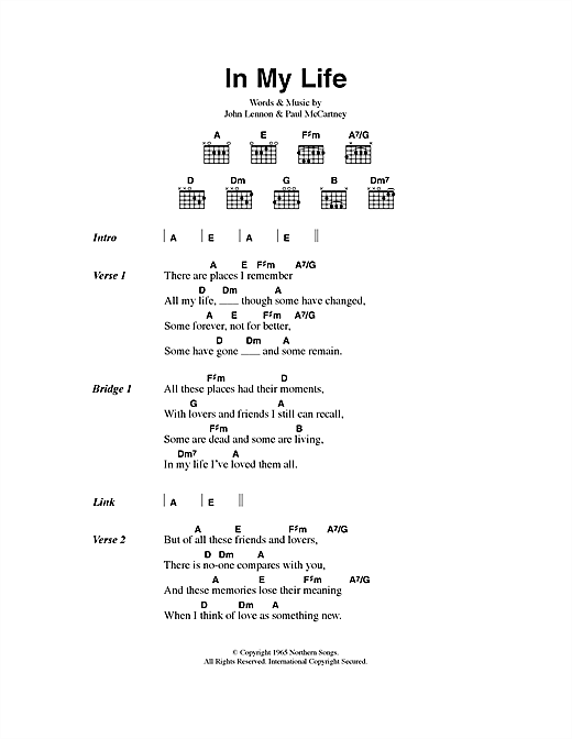 Preview The Beatles In My Life Pop sheet music, notes and chords for Lyrics & Chords, SKU: 40546 sheet music, piano notes, chords, guitar tabs, score, transpose, transcribe, how to play, guide, download, learn, tutorial, progression, song, artist, awards, billboard, mtv, vh1, tour, single, album, release