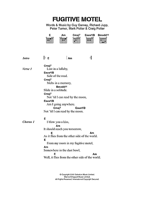 Preview Elbow Fugitive Motel Pop sheet music, notes and chords for Lyrics & Chords, SKU: 40547 sheet music, piano notes, chords, guitar tabs, score, transpose, transcribe, how to play, guide, download, learn, tutorial, progression, song, artist, awards, billboard, mtv, vh1, tour, single, album, release