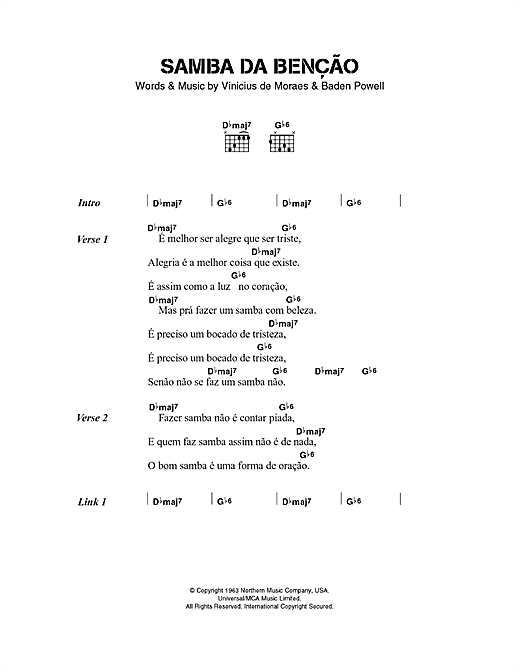 Preview Bebel Gilberto Samba da Benção Jazz sheet music, notes and chords for Lyrics & Chords, SKU: 40548 sheet music, piano notes, chords, guitar tabs, score, transpose, transcribe, how to play, guide, download, learn, tutorial, progression, song, artist, awards, billboard, mtv, vh1, tour, single, album, release